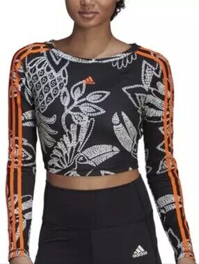 adidas X FARM Rio Black & Orange Floral-Print Long-Sleeve Crop Top
